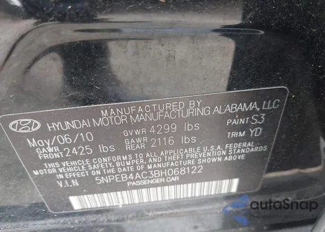 2011 Hyundai Sonata Gls z USA, uszkodzony, nr VIN 5NPEB4AC3BH068122